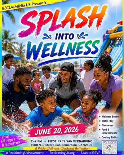 Splash Into Wellness Flyer for June 20, 2-7pm, Family with kids around water activities