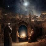 a light emits from the center of a dark night nativity scene